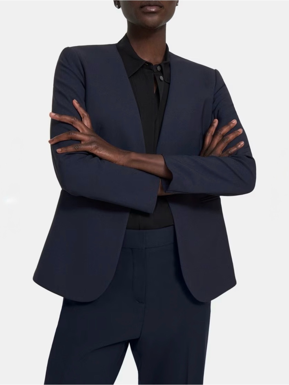 Theory Lindrayia Collarless Blazer Navy Blue Traceable Wool Suit Jacket Size 0